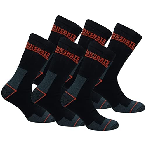 Image of Lonsdale 6 Pairs Crew Work Socks Mid Calf Lenght - Heel Toe Reinforcement - Terry Cotton (Black, 9-11)