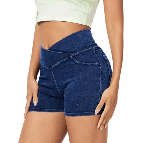 Image of LaiEr Women V Crossover High Waist Denim Shorts Tummy Control Casual Fitness Skinny, Faux Denim Print for Sports Gym Yoga Workout,Fashionable and Casual Matching.(Dark BlueXL)