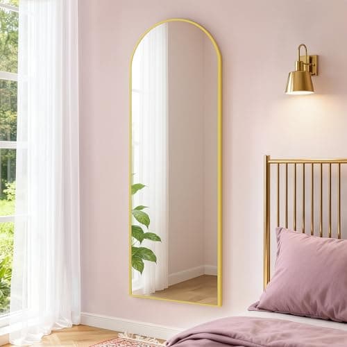 Image of SONGMICS Full Length Hanging Mirror, 120 x 40 cm, Arched Full Body Mirror, Over the Door, Tempered Glass, for Bedroom, Living Room, Cloakroom, Pale Gold LFM033AB01