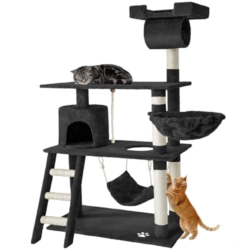 Image of tectake® Cat Tree, Multi-Level Activity Centre with Sisal Scratching Posts, Cosy House, Hammock, Basket & Climbing Frame, 141 cm Cat Tower for Kitten and Cats - Black