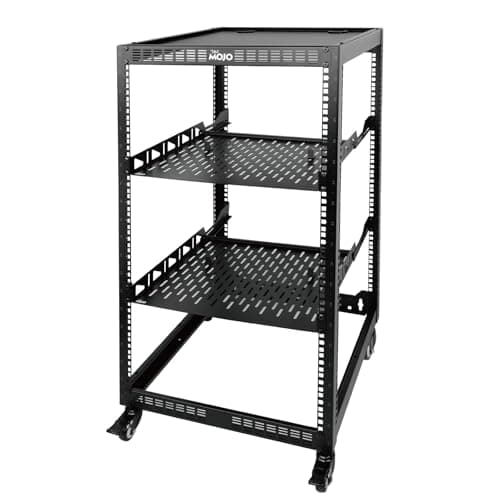 Image of Tecmojo 20U Open Frame Server & AV Rack, 4-Post Mobile Network Rack with Casters, 2x 1U Shelves, Mounting Hardware for 19” Servers, Network & Audio Gear