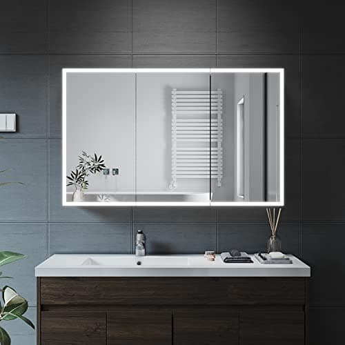Image of ELEGANT LED Illuminated Bathroom Mirror Cabinet with Bluetooth Speaker Triple Door 1050 x 650mm Wall Mounted Bathroom Cabinet Stainless Steel Modern Storage Cupboard with Shaver Socket