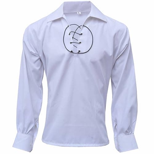 Image of Men’s Jacobite Ghillie Kilt Shirt – Long Sleeve Scottish Highland Top with Lace-Up Neck – Medieval Renaissance Pirate Costume Shirt for Formal & Casual Wear (White, 2XL)