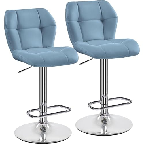 Image of Yaheetech Bar Stools Set of 2, PU Leather Breakfast Bar Chairs, Swivel Height Adjustable Barstools, Counter Stools with Backrest for Home Kitchen Bar Restaurant, Blue