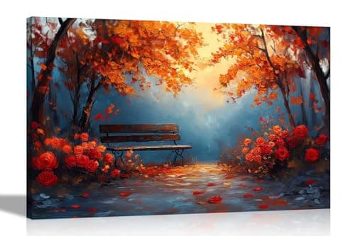 Image of Artley Prints - Park Bench Red Roses Autumn Trees Canvas Wall Pictures For Home Office Conservatory Landscape Prints Décor 51 x 35cm (20 x 14 inches)