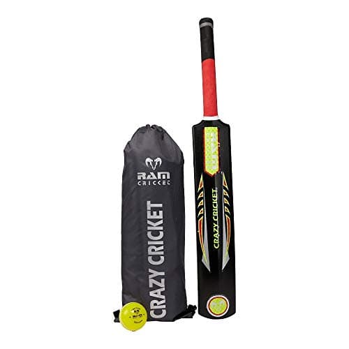 Image of Ram Cricket Crazy Cricket Bat and Ball Set - Durable Plastic Construction with Powerful Hitting Zone – Available in Sizes 6, 4, 2, 0 & Embossed Seamed Softee ball Suitable for Garden, Beach or Park