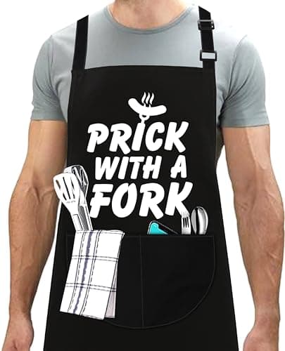 Image of LINEN CLOSET® Bbq Apron for Men Funny Aprons Grilling Novelty Barbecue Aprons Kitchen Cooking Gift Fork Apron with 2 Front Pockets