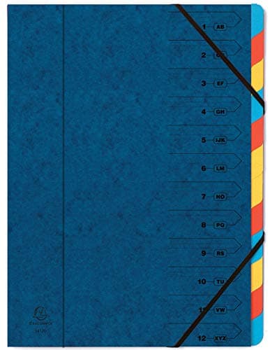 Image of Exacompta - Ref 54122E - Stapled Spine Multipart File - 245 x 320mm in Size, Suitable for Storing A4 Documents - 12 Tabbed Sections - Blue Cover with Multicoloured Tabs