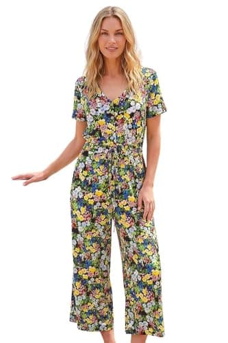 Image of Roman Stretch Wrap Jumpsuit for Women UK Ladies Wide Leg Culotte Summer Spring Everyday Holiday V-Neckline Soft Evening Vacation Work Cocktail Party Going Out - Petite Floral Black - Size 14