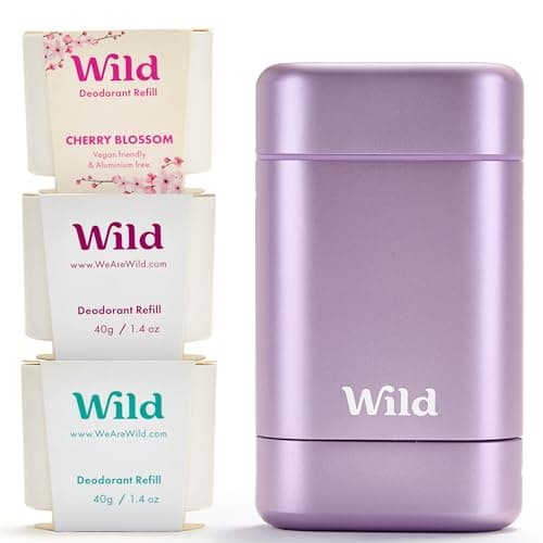 Image of Wild - Purple Case with Refill Variety Pack (3 x 40g) - Natural Refillable Deodorant - Aluminium Free - Includes Fresh Cotton & Sea Salt, Cherry Blossom and Coconut & Vanilla Scents - Vegan