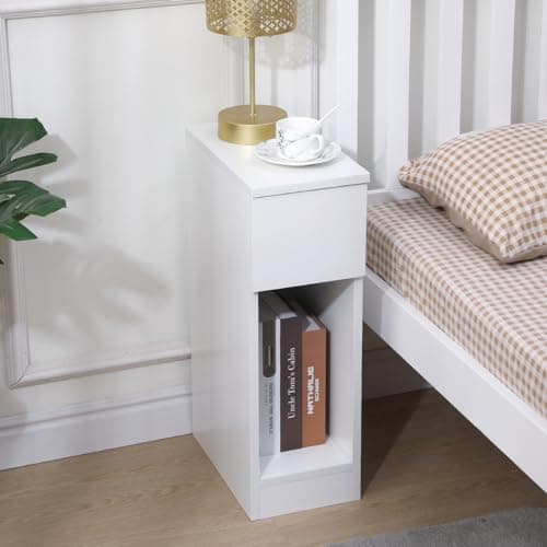 Image of Pantanal 20CM Slim Bedside Table Cabinet White with Drawer Shelf, Small Narrow Wood Bed Side Table End Table Nightstand for Bedroom Living Room