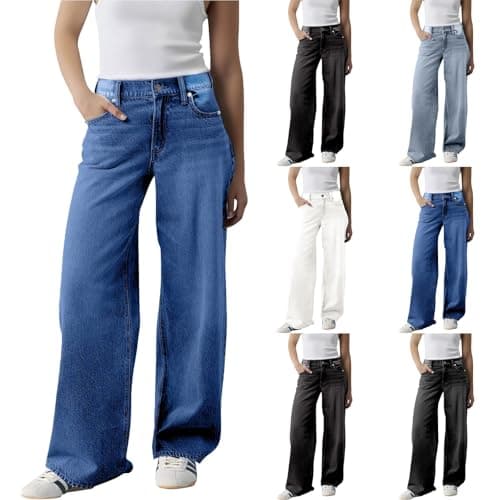 Image of Jeans for Women UK High Waisted Wide Leg High Waisted Stretch Boyfriend Jeans Plus Size Pull On Long Trousers 90s Vintage Hip Hop Loose Denim Pants with Pockets Summer Spring Casual Y2K Streetwear