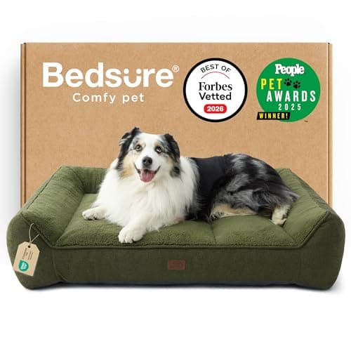 Image of Bedsure XL Orthopedic Dog Beds Large - 106x76cm Extra Thick Supportive Dogs Sofa with Waterproof Washable Cover, Extra Large Pet Bed Sofa with Soft Plush Sherpa and Nonskid Bottom, Dark Green