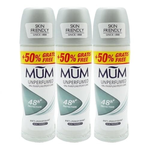 Image of Mum Unperfumed Roll On Deodorant 50 ml Pack of 3 | 48hr Sweat & Odour Protection | Alcohol-Free Antiperspirant for Women & Men | Fragrance-Free | Vegan | Eco Glass Bottle | 50% Extra