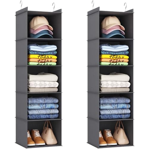 Image of Lifewit Hanging Storage with Metal Hooks, Foldable Wardrobe Closet Storage Organiser, Fabric Hanging Shelves Organiser for Clothes, Towels, Toys, Shoe Rack, 5 Tier, 2 Pack