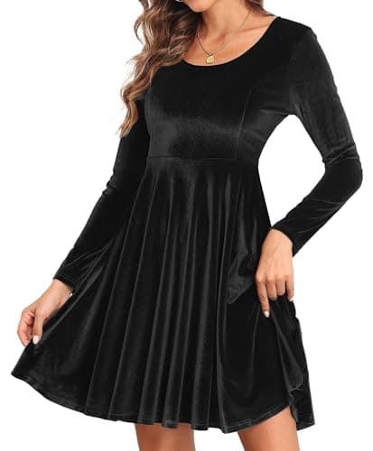 Image of Yutdeng Women Velvet Dress Long Sleeve Crew Neck Ladies Bodycon Mini Dress Elegant Cocktail Dress Knee Length Ball Gowns Dress Christmas Wedding Party Club Evening Swing Dress,Black,S