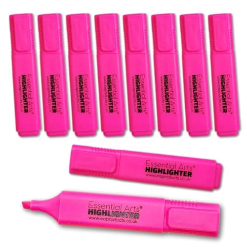 Image of Essential Arts Square Pink Highlighter Pen Pack of 10 | Chisel Tip Fluorescent Highlight Marker Pens for Office, School Art and Business