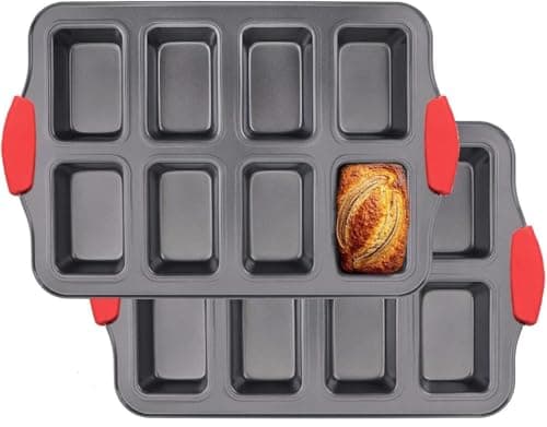 Image of Sivaopa 2 Pack Mini Loaf Pan, 8 Cavity Non-Stick Mini Baking Tin, Carbon Steel Mini Bread Pan, Bread Baking Mold with Silicone Handle, Loaf Baking Tray for Brownie,Cornbread, Cheesecake