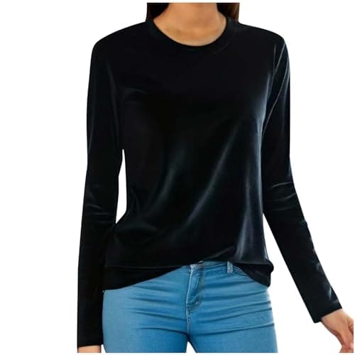 Image of Keepink Womens Long Sleeve Tops Round Neck Vintage Velvet Blouse Solid Color Elegant Velour Pullover Dressy Casual Tunic Shirts Baggy Tees Party Work Office Jumpers Plus Size 10-20