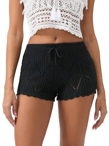Image of Women Crochet Cutout Swimsuit Shorts Slim Fit Bikini Cover Up Short Pants Beach Woven Drawstring Elastic High Waist Bottoms (A-Black, XL)