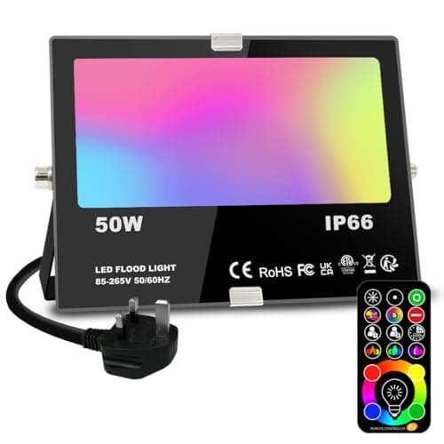Image of Jayool LED Floodlight Outdoor 50W 5000LM, Flood Lights Colour Changing, 120 RGB Colours- Warm White-Timing-Remote Control - 5 Modes, IP66 Waterproof, UK 3-Plug (1 Pack)