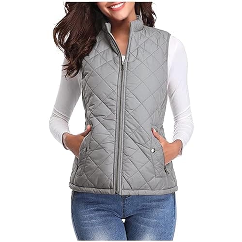 Image of AnnSemo Women's Zippered Gilets with Pockets Ladies Sleeveless Padded Winter Jacket Puffer Vest Cosy Body Warmer Diamond Quilted Gilet for Women UK Casual Stand Collar Waistcoat