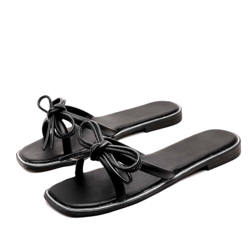 Image of INNERSECT CO Women's Bow Decor Flat Slide Sandals - Open Toe Square Toe Casual Summer Slippers for Beach & Daily Wear (BLACK, Adult, Women, 6, Numeric, UK Footwear Size System, Medium)