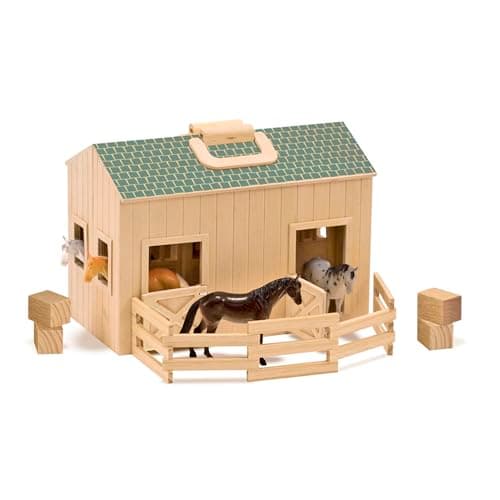 Image of Melissa & Doug Fold and Go Wooden Horse Stable Dollhouse With Handle and Toy Horses (11 pcs)