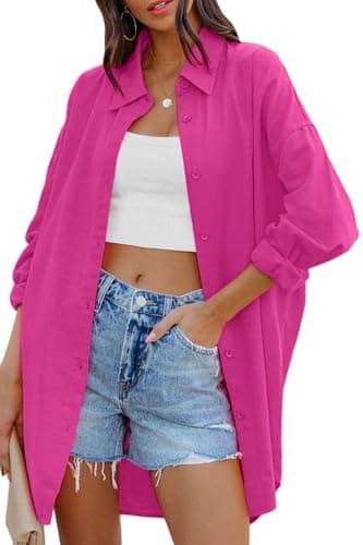 Image of Cicy Bell Women's Blouse Oversized Long Sleeve Button Down Shirts Casual Cotton Top with Pockets, Pink, XXL
