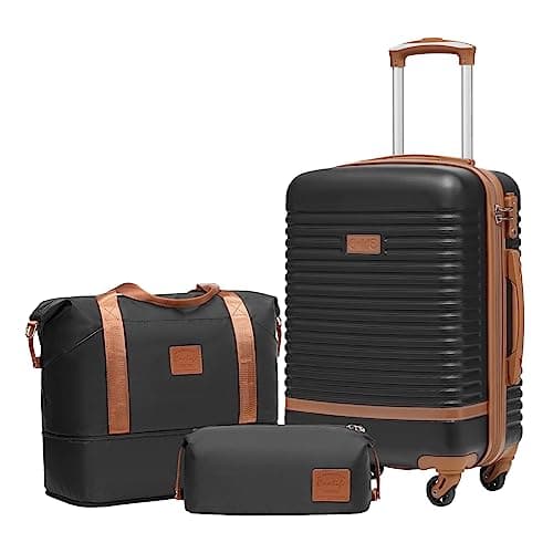 Image of COOLIFE Suitcase Set 3PC - 20" Lightweight ABS Hard Shell Luggage + Travel Bag, Small Suitcase with 360° Wheels, TSA Locks for Family Travel, Cruise & Long Trips Black/Brown