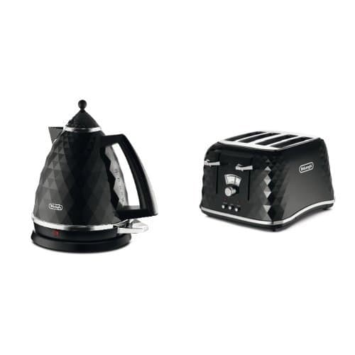 Image of De'Longhi Brillante Faceted Jug Kettle, 3 KW - Black & De'Longhi CTJ4003.BK Brillante Faceted 4 Slice Toaster - Black