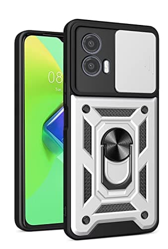 Image of COMAKU Ultra Armor Case for Motorola Moto G53 5G/G13 4G/G23 4G, TPU+PC Shockproof Protective Cover with Slide Camera Cover, with Ring Kickstand -Silver