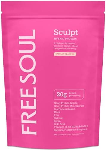 Image of Free Soul Sculpt Protein Powder | 20g Protein | Hybrid Whey Protein | with Maca, Iron, Calcium, Biotin, B Vitamins & Digestive Enzymes | Vanilla Flavour | 20 Servings