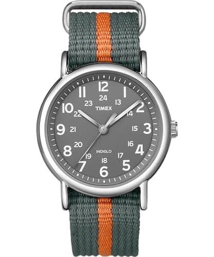 Image of Timex Unisex-Adult Weekender 38 mm Watch, Watch, Grey/Orange Stripe, 38 mm