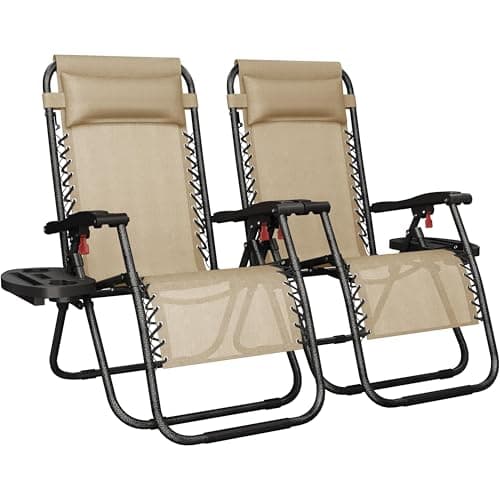 Image of Yaheetech Zero Gravity Chairs Outdoor Adjustable Folding Sunloungers Lounge Recliners w/Pillows, Cup Holder and Carry Strap for Patio Porch Deck Beige Set of 2