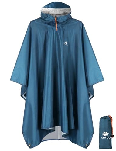 Image of ANYOO Waterproof Rain Poncho Lightweight Reusable Hiking Rain Coat Jacket with Hood for Outdoor Activities,Sea Blue,One Size