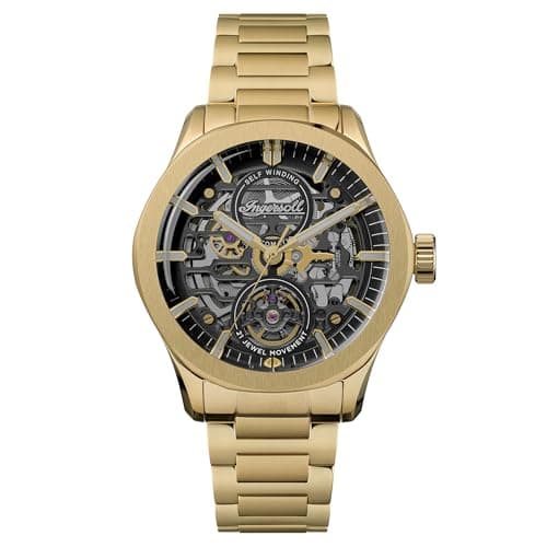 Image of Ingersoll The Bronc Mens 44mm Automatic Watch with Black Brass Dial and Gold Stainless Steel Bracelet Strap