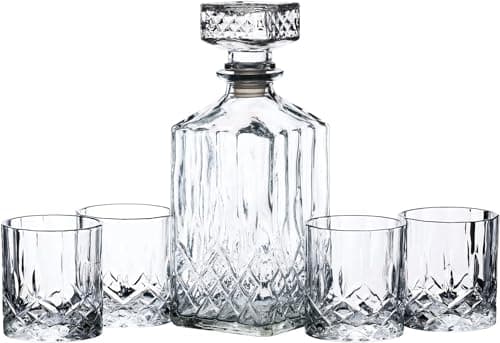 Image of BarCraft Whisky Decanter and Glass Gift Set, Cut Glass 5-piece Set, 900ml Decanter with Silicone Seal Stopper and 4x Tumblers, 26 x 10 x 24cm, Kristall