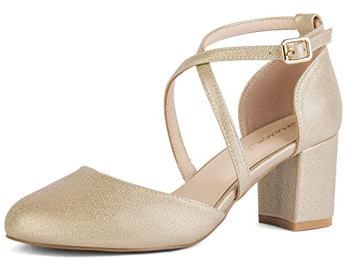 Image of Greatonu Womens Court Shoes Mid Heel Chunky Dress Sandals Ladies Ankle Strap Wedding Party Pumps Gold Size 6