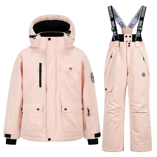 Image of AMhomely Kids 2 Piece Ski Suit-Boys Girls Waterproof Puffer Jacket and Snow Bib Pants Set,Snowproof Snow Outfit with Pocket,Windproof Warm Overalls,Outdoor Holiday A Pink 13-14 Years
