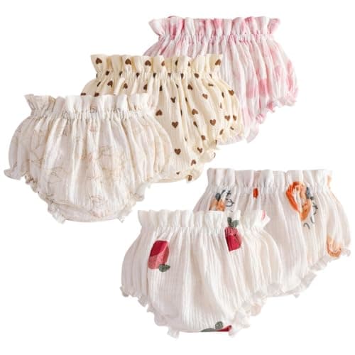 Image of AOOPOO 5 Pack Baby Girl Bloomers Printed Ruffled Triangle Shorts Elastic Waist Panties Infant Diaper Cover for Girls Briefs Toddler Summer Cotton Underwear