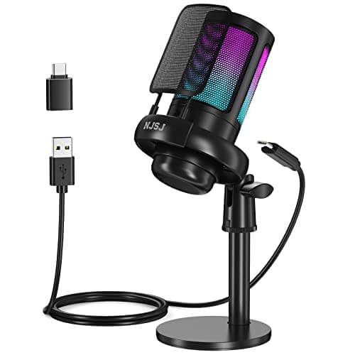 Image of NJSJ USB Microphone for PC, RGB Gaming Mic with Mute Button, Condenser Microphone with Gain knob & Monitoring Jack for Recording, Streaming, Podcasting（Black）