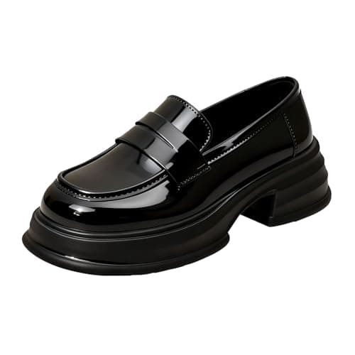 Image of Size 5.5 Slip-On Loafer for Girls Women Patent Leather Platform Loafers Lug Sole Chunky Heel Round Toe Oxford Shoes Flats Church Uniform Dress Shoes Black