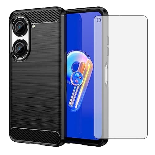 Image of Asuwish Compatible with Asus ZenFone 9 Case and Tempered Glass Screen Protector with Shockproof Slim Silicone Wireless Charging Carbon Fiber Phone Cover for ZenFone9 5G Women Men Black