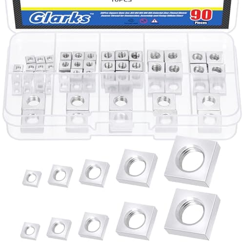 Image of Glarks 90pcs Carbon Steel Square Nut Set M3 M4 M5 M6 M8 White Zinc Plated Square Thin Nut Square Machine Screws Nut Metric Coarse Thread Assortment Kit for Furniture Construction Mechanical Equipment