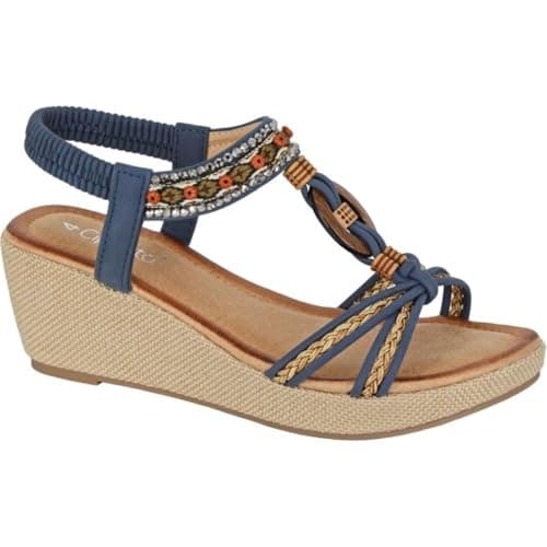 Image of Cipriata L826 Ladies Womens Jewelled Elasticated Sling Back Platform Sandal (Navy PU, UK Footwear Size System, Adult, Women, Numeric, Medium, 6)