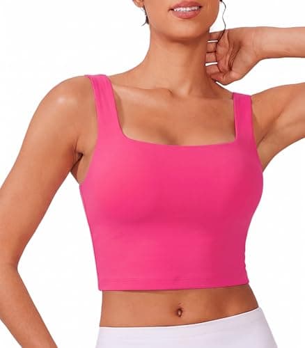 Image of PINSPARK Padded Sports Bras Women Crop Tops with Built in Bra Comfort Seamless Gym Tops Summer Yoga Top Workout Running Sport Tank Tops with Removable Pads Bright Pink XS