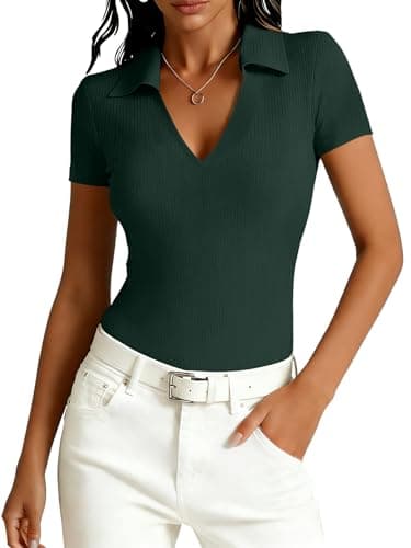 Image of Dressmine Going Out Tops for Women UK Ribbed Henley Running Top Green Polo Shirts Casual Plain Fitted Basic Y2K Tight Activewear Size 12