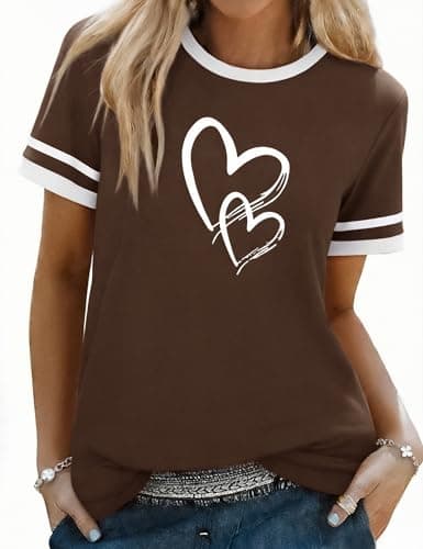 Image of Aottori T-Shirt Women UK Cotton Short Sleeve Heart Print Tee Shirts Summer Basic Scoop Neck Tshirt Ladies Loose Fit Tops Brown S