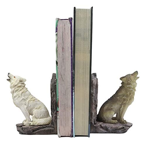 Image of Ebros Animal Totem Spirit Howling Gray And Snow Wolves Decorative Small Bookends Figurine Set 5.5"Tall As Timberwolf or Wolf Decor For Library Book Shelves Fantasy Sculptures Wardens Of The North Wall